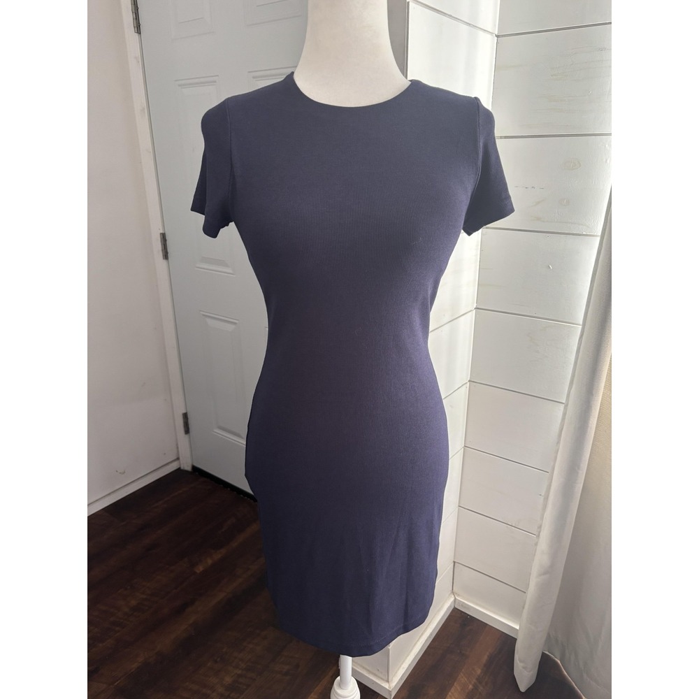 OGL Dress Womens Medium Blue Ribbed Knit‎ Bodycon Mini Short Sleeve Stretch